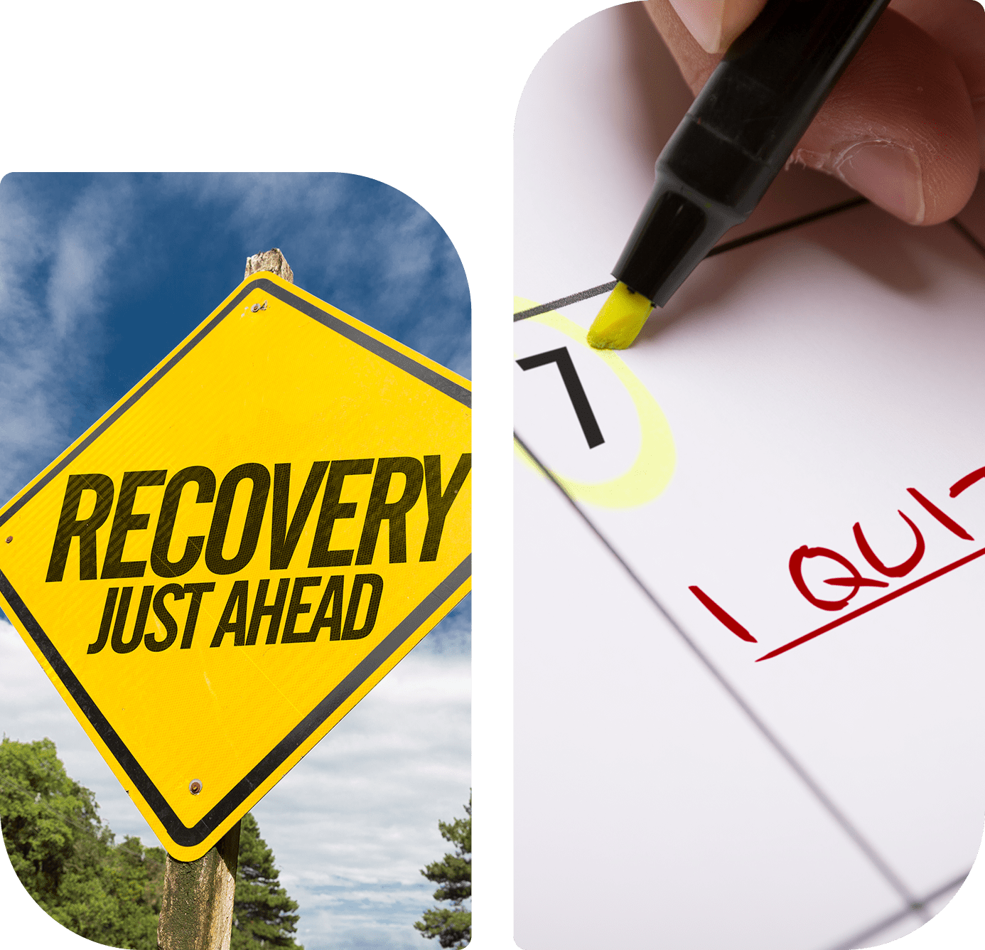 1 A yellow sign and a note with the word " i quit ".