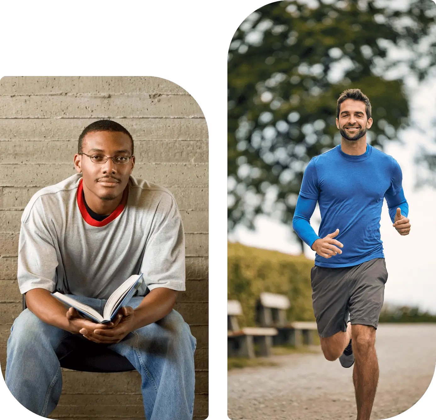 Two men are running and one is reading a book.